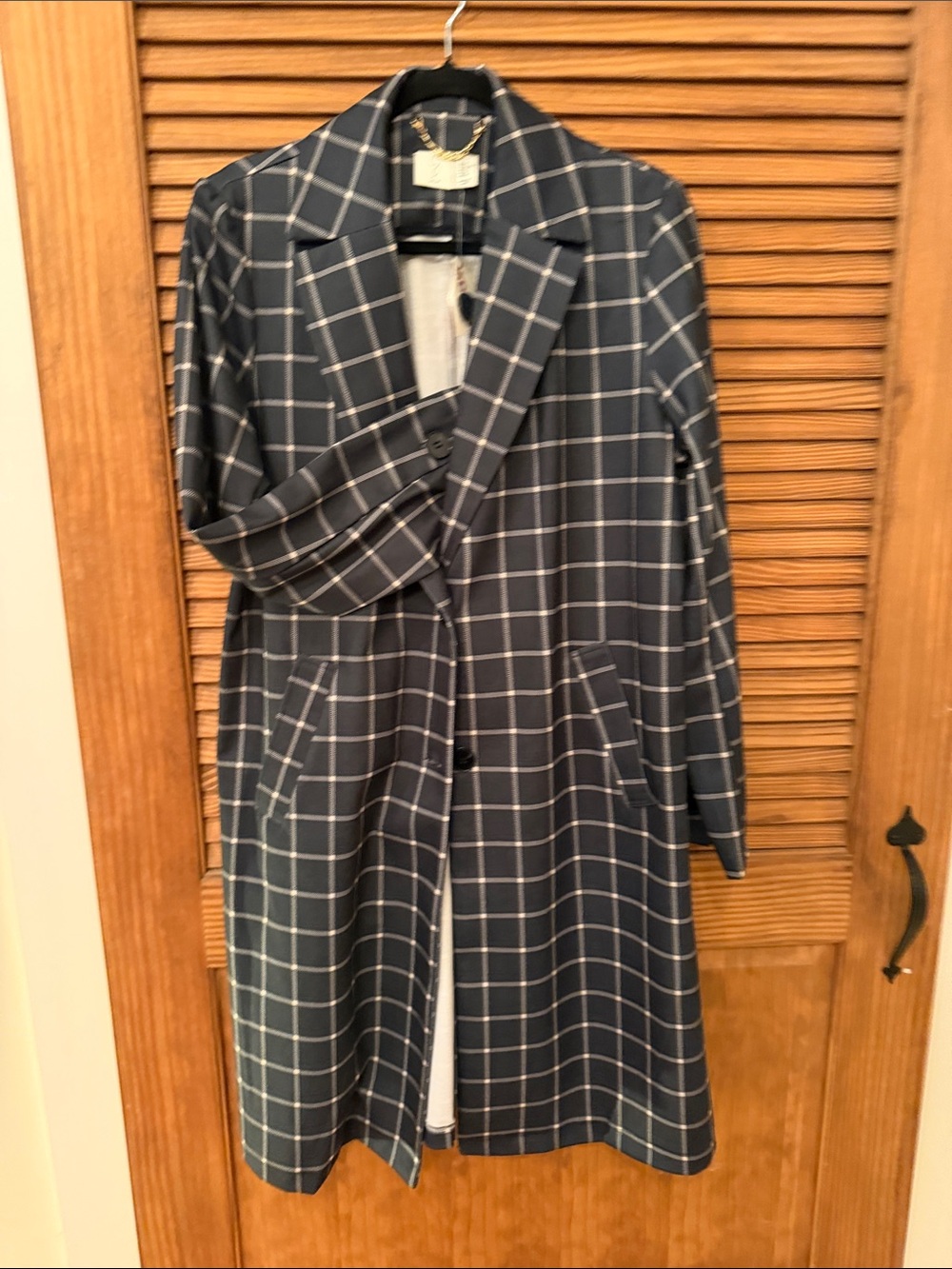 Joie Navy Windowpane Plaid Trench Coat xl